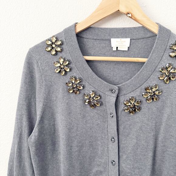 KATE SPADE NY | Gray 3/4" Sleeve Rhinestone Embellished Cardigan Sweater | XL - Picture 3 of 8